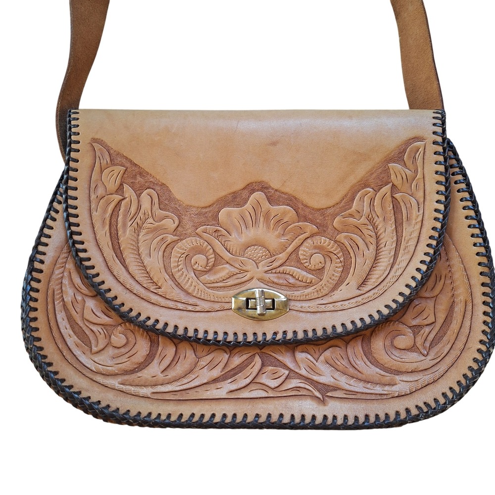 Vintage Southwestern Tooled Leather Saddle Shoulder Bag Boho Prairie Whipstitch